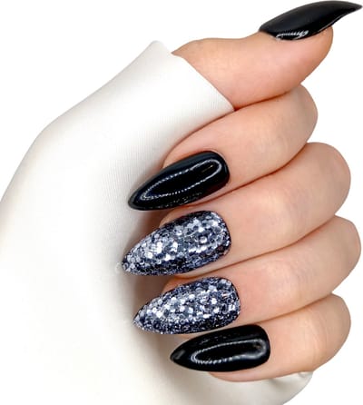 SD Press on Nails - No. 66 Black Out - Plaknagels met nagellijm - Medium Stiletto Nageltips - Zwart Zilver Glitter - Set 20 Handgemaakte Nagels - Gellak - Nail Art - Accessoires - Kunstnagels - Nepnagels - Cosplay