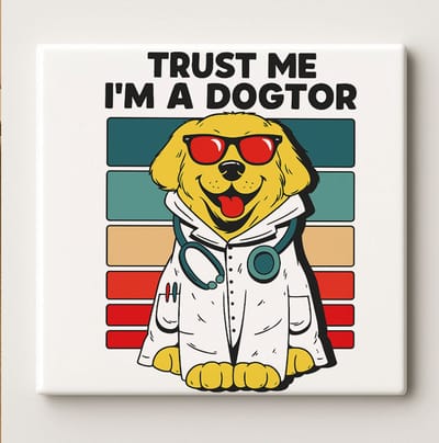 Trust Me I’m a Dogtor Decoratieve Tegel 15x15 cm – Grappige Dokter Hond Illustratie – Humor Wand- & Kantoor Decoratie