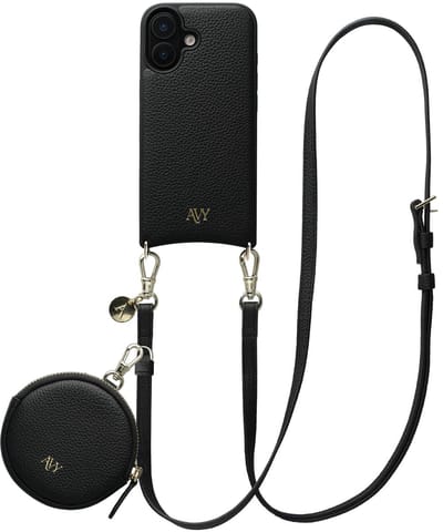 AVY Leren Hoesje geschikt voor Apple iPhone 17 | Met Koord en Mini Telefoontasje | Compatibel met MagSafe | Leather Case met 130CM Koord & Pouch | Long Leather | Zwart