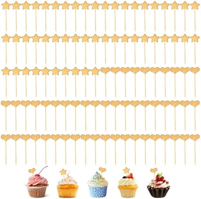 Dailygoods- Taarttopper Gouden Stervorm - Taartdecoratie Set - Creatieve Tandenstokers - Houten Decoraties - 100 Stuks - Duurzaam en Uniek Design