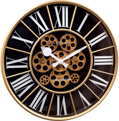 NeXtime William – Industrial Wandklok – 50 cm – Metaal – Zwart – Bewegende tandwielen