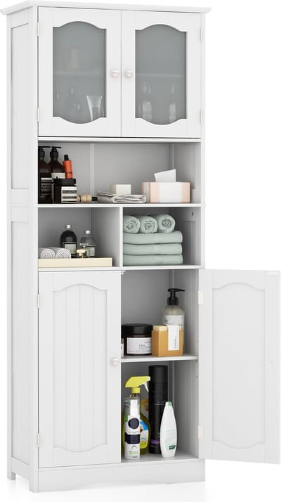 COSTWAY Badkamerkast, vrijstaande hoge kast met 4 deuren, planken en verstelbare plank, badkamerkast met kantelbeveiliging voor woonkamer, badkamer, keuken, wit, 60 x 30 x 148,5 cm