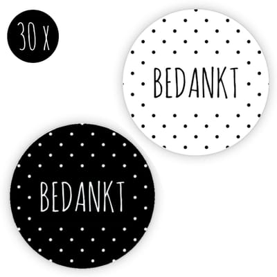 30x Stickers / sluitstickers / sluitzegels | BEDANKT | ronde sticker | stippen | zwart & wit | 2 soorten | 35 mm