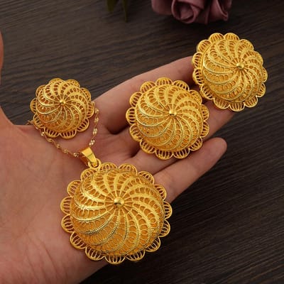 Mode Goudkleur Ethiopië Eritrea Set Grote Mooie Zirkoon Armband Ketting Oorbel Ring Dames Habesha Huwelijksfeest Cadeau brown