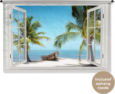 Wandkleed - Wanddoek - Doorkijk - Strand - Palmboom - Boot - Tropisch - Zee - Blauw - 180x120 cm - Wandtapijt