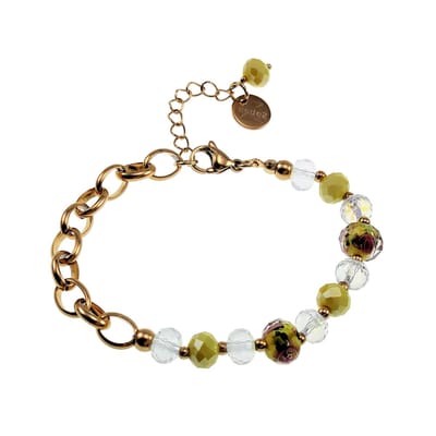 Armband Dames - Verguld RVS - Ovale Schakelarmband met Gele Kristallen en Murano Glaskralen - Verstelbaar 16-20cm