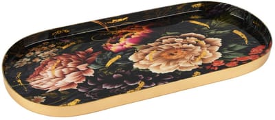 Dekoratief | Dienblad 'Magnificent Flowers', zwart/goud, metaal, 32x14x2cm | A258062
