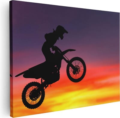 Artaza Canvas Schilderij Motorcross - 40x30 cm - Klein - Muurdecoratie Zon - Wanddecoratie Silhouet - Kamer Accessoires