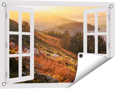 Gards Tuinposter Doorkijk Schapen in de Bergen - 60x40 cm - Tuindoek - Tuindecoratie - Wanddecoratie buiten - Tuinschilderij