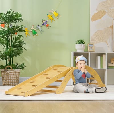 MEUNIQ Kinderklimrek 4-in-1 met boogbrug, wip, verstelbare glijbaan en kussen, houten klimset voor binnen, 168 x 49,5 x 39,5 cm, naturel