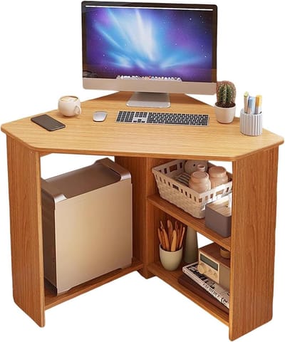 Hoekbureau Met Opbergruimte - Driehoek Bureau - Thuis Werkplek - Afgeronde Hoeken - 77cm Breed - Lichtbruin