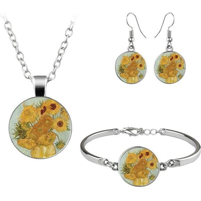 Sieradensets met een schilderij van Van Gogh: De Sterrennacht, oorbellen in een glazen koepel, ketting en armbanden voor dames, vintage sieraden.