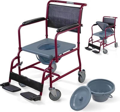 Toiletstoel met Wielen - Mobiele Toiletstoel - Ondersteuning bij Mobiliteit - Verstelbare Armleuningen Voetsteun - Tot 100 kg - Bordeaux