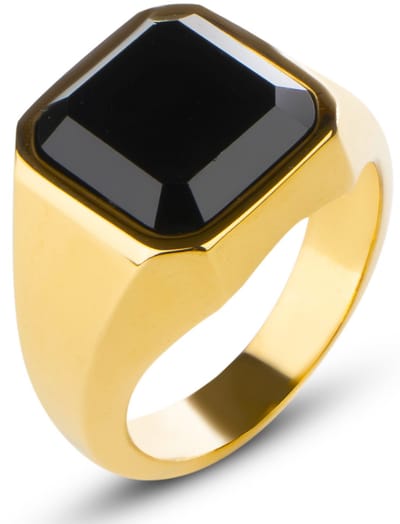 Zegelring Heren Goud kleurig met Zwarte Steen - Staal - Heren Ring - Ringen Mannen - Papa Cadeau Voor Mannen - Vaderdag