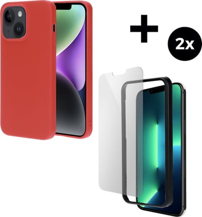 Mobiparts Silicone Cover hoesje geschikt voor Apple iPhone 14 Plus met 2 Screenprotectors van Gehard Glas - Rood