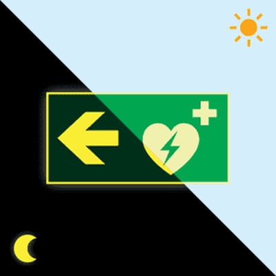Extra lichtgevend AED bord met pijl links 300 x 150 mm