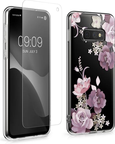 kwmobile telefoonhoesje geschikt voor Samsung Galaxy S10e hoes - Telefoonhoesje voor smartphone - Telefoon cover - Met glazen schermbeschermer - Bloesems en rozen design