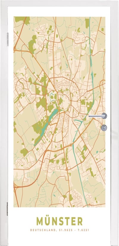 Deursticker Münster - Plattegrond - Stadskaart - Vintage - Kaart - 95x235 cm - Deurposter
