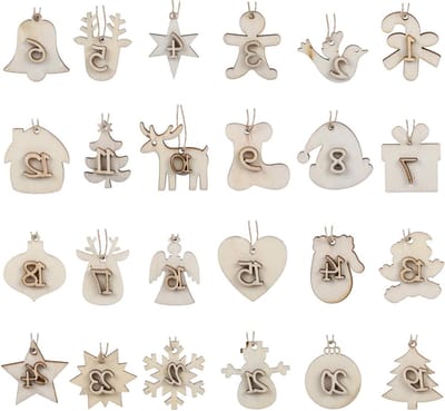 24 Houten Adventsdecoraties met Cijfers voor Kerstmis, Nummering 1-24, Perfect voor Ambachten en Versiering