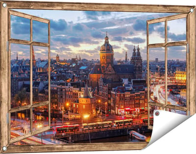 Gards Tuinposter Doorkijk Amsterdam Centrum Luchtfoto Zonsondergang - 90x60 cm - Tuindoek - Tuindecoratie - Wanddecoratie buiten - Tuinschilderij