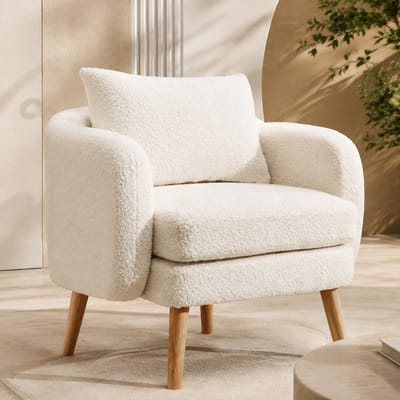 Fauteuil - Relaxstoel - loungestoel - Comfortabele Design met Houten Frame - Enkel Zetel - Teddy stof - 71x71x79 cm - Wit