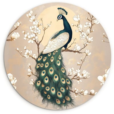 WallCircle® Wandcirkel 120x120 cm - Muurcirkel Pauw - Tak - Bloemen - Muurdecoratie woonkamer - Wanddecoratie slaapkamer - Kamer decoratie accessoires - Ronde schilderijen XXL