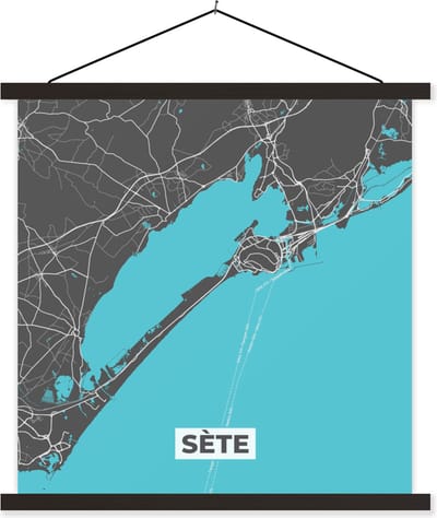 Posterhanger incl. Poster 60x60 cm - Schoolplaat - Plattegrond - Kaart - Sète - Frankrijk - Stadskaart - Textielposter - Zwarte latten - Stadskaart