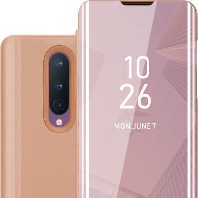 Cadorabo Hoesje geschikt voor OnePlus 8 in KUNZIET ROZE - Clear View Spiegel Beschermende Case met Tribunefunctie 360 Graden Bescherming Book Case Cover Etui