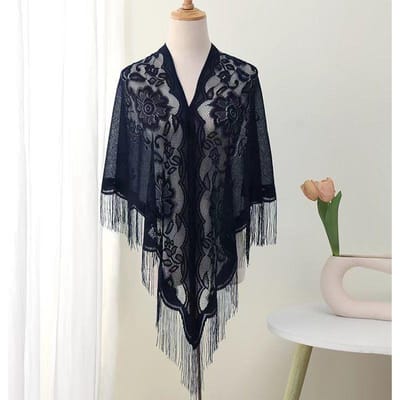 Châle Ajouré Nouveau Triangle Printemps et Automne Couleur Unie Cardigan Respirant et Tendance Dentelle Écharpe Extérieure bleu marine