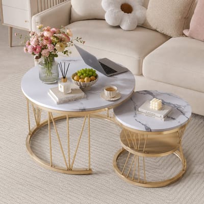 Salontafel Ronde set van 2 en Metaal - Bijzettafel met 3 Niveaus - Voor Woonkamer, Slaapkamer - Diameter 70/45cm - Goud Metalen Frame - Industrieel Design