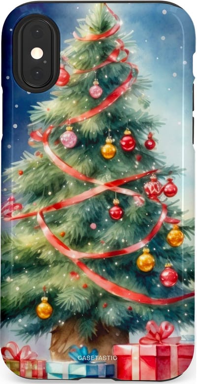Casetastic hoesje geschikt voor Apple iPhone X / Apple iPhone XS - Dubbellaagse bescherming - Aquarel Kerstboom Cadeau - Fashion Case - Grijs Donkerblauw Saliegroen Beige