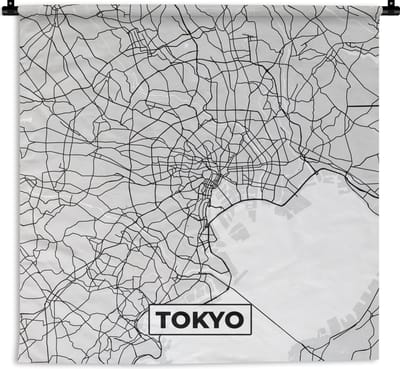 Wandkleed - Wanddoek - Tokyo - Stadskaart - Zwart Wit - Plattegrond - Kaart - 180x180 cm - Wandtapijt