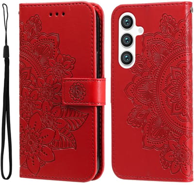 Voor Samsung Galaxy S24+ 7-bloemblaadjes bloemen reliëf lederen telefoonhoes (rood)