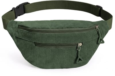 YONO Heuptas Dames - Crossbody Tas - Buiktas van Ribstof - Verstelbare Schoudertas met 2 Ritsvakken - Festival Tasje - Fanny Pack - Donkergroen