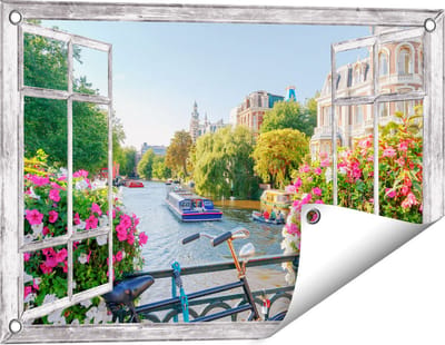 Gards Tuinposter Doorkijk Amsterdamse Kanaal met Bloemen - 60x40 cm - Tuindoek - Tuindecoratie - Wanddecoratie buiten - Tuinschilderij