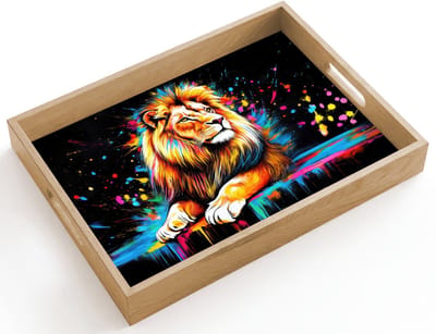 Dienblad hout 40x30 cm - Schootdienblad - Leeuw - Kleurrijk - Spetters - Borrelplank rechthoek - Plateau dienbladen