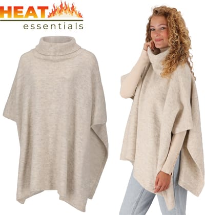 Heat Essentials - Poncho - Poncho Dames Omslagdoek - Wit Melange - Gebreide Dames Poncho met Col