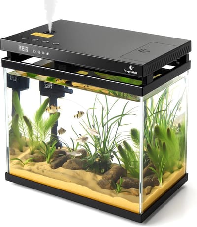 5-in-1 Mini Aquarium Starter Set met LED Verlichting, Automatische Voeding en Zelfreinigende Pomp, 8.6L Nano Aquarium Compleet met Aromatherapie en Onderhoudsvriendelijk Ontwerp
