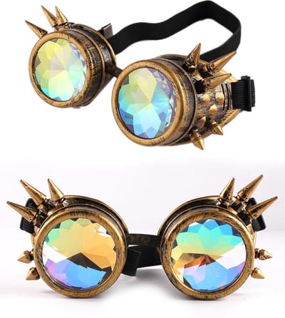KIMU® Goggles Steampunk Bril Met Spikes - Brons Montuur - Caleidoscoop Glazen - Bronzen Spacebril Space Caleidoscope Holografisch Festival