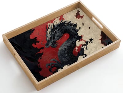 Dienblad hout 50x35 cm - Schootdienblad - Zwarte draak - Rookwolken - Rood - Borrelplank rechthoek - Plateau dienbladen