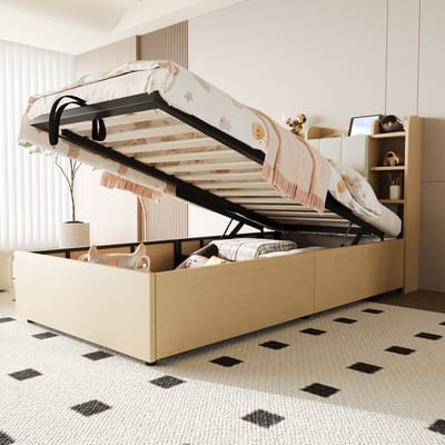 SINGULARITY-Houten bed 90 x 200 cm- hydraulisch bed- hoofdeinde met opbergruimte- voorzien van USB- en Type-C-aansluiting- eenpersoonsbed- jeugdbed- houtkleur (zonder matras)