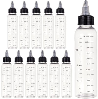 Dailygoods- Knijpflessen 110 ml - Gegradueerde Flessen - Zwarte Draaisop - 12 Stuks - Duurzaam Kunststof - Voor Inkt/Oliën/Gels - Fles