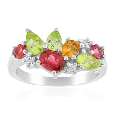 Cavill - 925 Sterling Zilver Ring - 0,28 ct Ovale Braziliaanse Roze Toermalijn - Peridoot & Citrien - Rhodiniert - Elegante Kleurrijke Edelsteenring