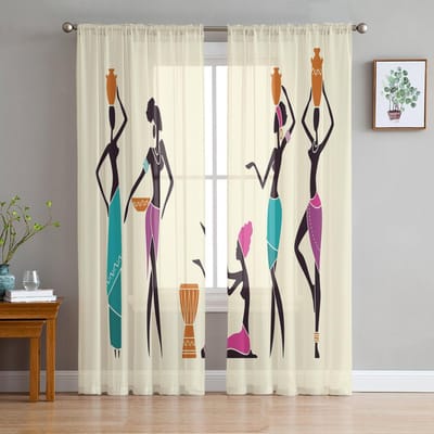 Afrikaanse Vrouwen Etnische Transparante Gordijnen voor Woonkamer Voile Gordijn Slaapkamer Badkamer Tule Gordijnen Raamgordijnen 135W x 114H(cm)