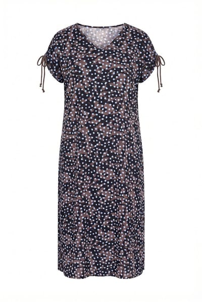 Ulla Popken - Dames - Midi-jurk polka dots V-hals schouderplooien - Donkertaupe - Maat 42+