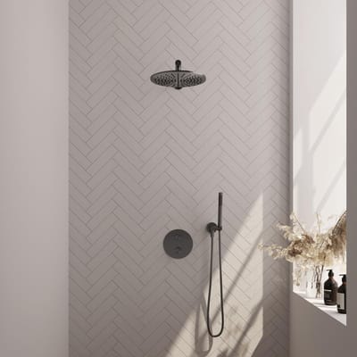 Brauer Gunmetal Edition thermostatische inbouw regendouche 3-weg rond SET 74 met 30 cm douchekop en rechte muurarm en staaf handdouche en doucheslang en wandaansluitbocht gunmetal geborsteld PVD