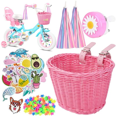 Dailygoods- Fietsmand met accessoires - Fietsbel - Kwastbanden - Stickers - Decoratie - Roze - 21x16x16 cm - Fietsaccessoires