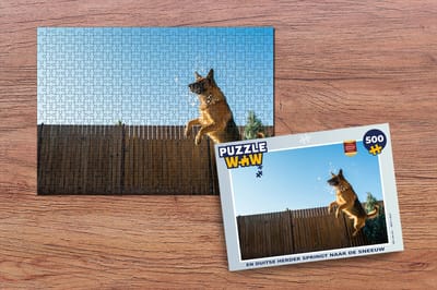 Puzzel En Duitse Herder springt naar de sneeuw - Legpuzzel - Puzzel 500 stukjes