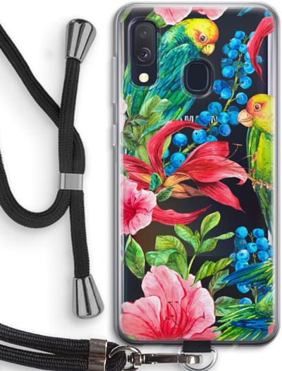 Case Company® - Hoesje met koord geschikt voor Samsung Galaxy A40 hoesje met Koord - Papegaaien - Telefoonhoesje met Zwart Koord - Bescherming aan alle Kanten en Over de Schermrand