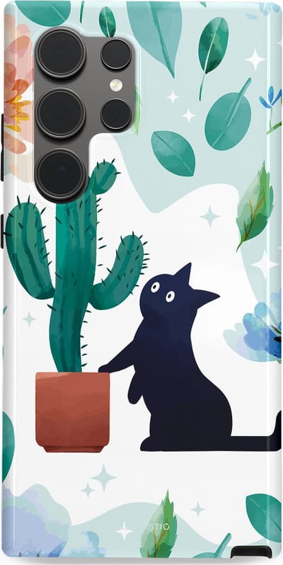 Casetastic hoesje geschikt voor Samsung Galaxy S24 Ultra - Dubbellaagse bescherming - Cactuskat - Fashion Case - Lichtgrijs Turquoise Wit Mintgroen